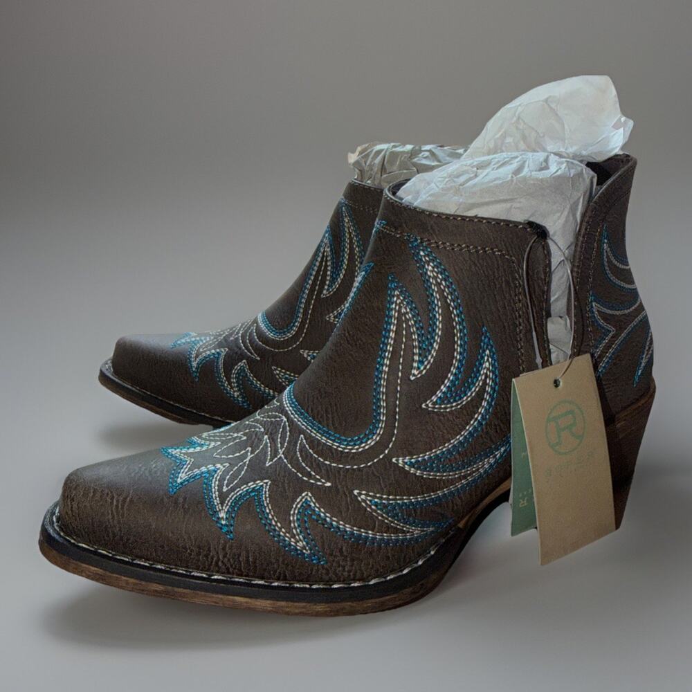 NIB Womens Roper Ava Brown Leather Embroidered Ankle Western Boots Sz 6